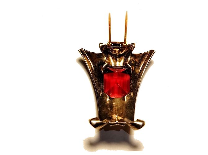 Autre Marque Spilla Clip Crown Trifari Argento Sterling e Vetro Rosso D'oro - vista 5