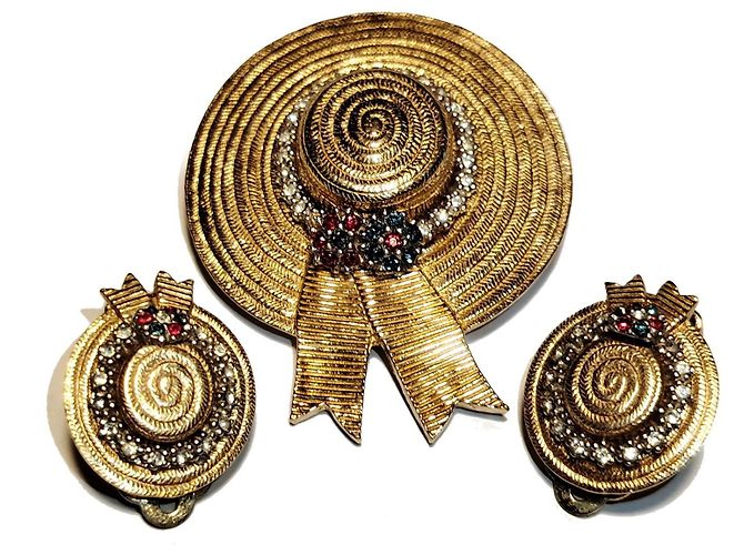Autre Marque Set Spilla a Cappello e Orecchini Ciner Tono Oro D'oro - vista 2