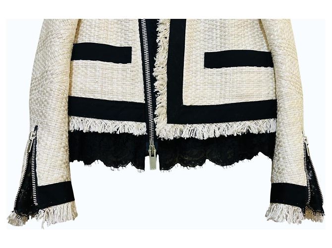 Sacai Tweed-Jacke mit Spitze und Fransen Schwarz Weiß Roh - Ansicht 10