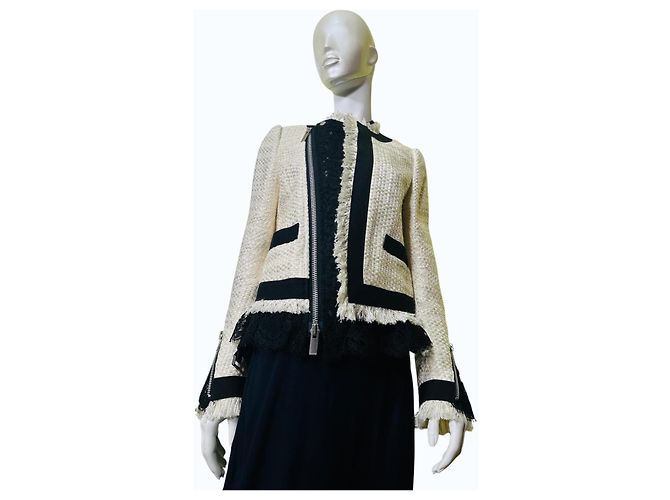 Sacai Tweed-Jacke mit Spitze und Fransen Schwarz Weiß Roh - Ansicht 2
