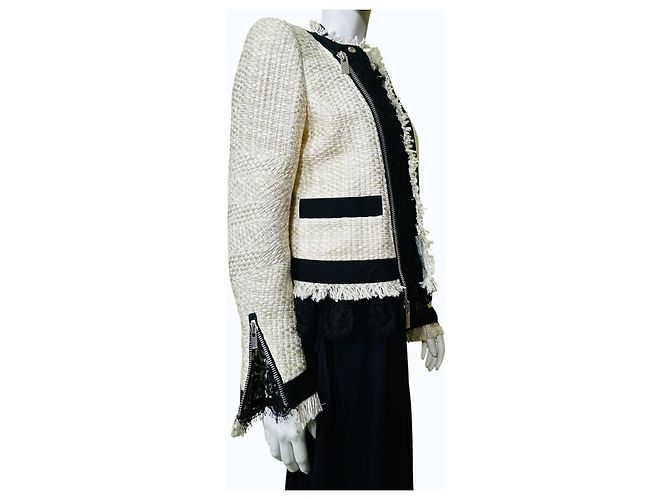 Sacai Tweed-Jacke mit Spitze und Fransen Schwarz Weiß Roh - Ansicht 3