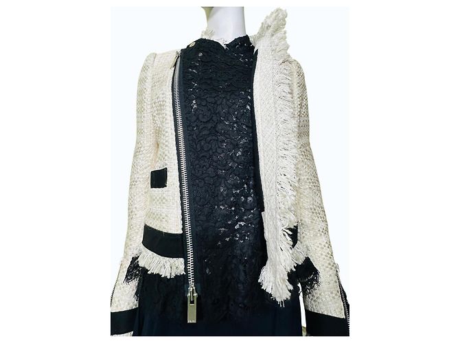 Sacai Tweed-Jacke mit Spitze und Fransen Schwarz Weiß Roh - Ansicht 4