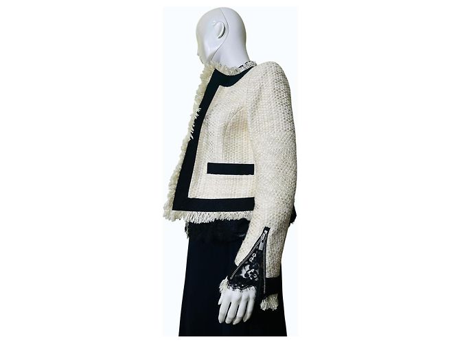 Sacai Tweed-Jacke mit Spitze und Fransen Schwarz Weiß Roh - Ansicht 5