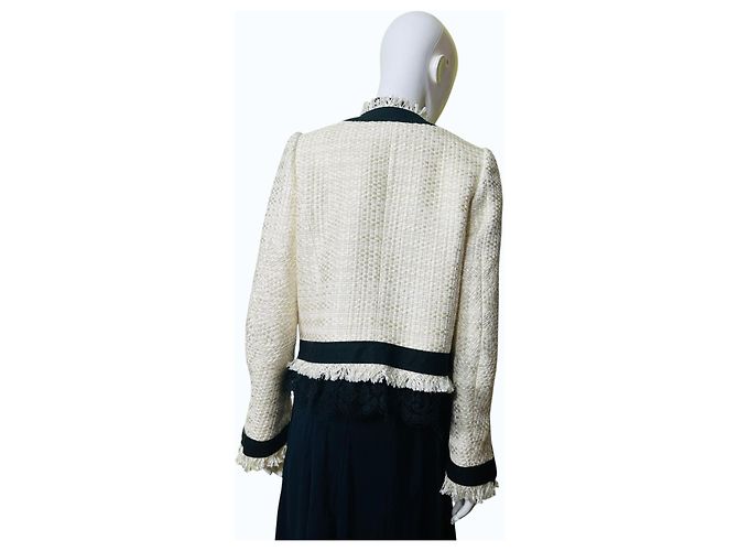 Sacai Tweed-Jacke mit Spitze und Fransen Schwarz Weiß Roh - Ansicht 6