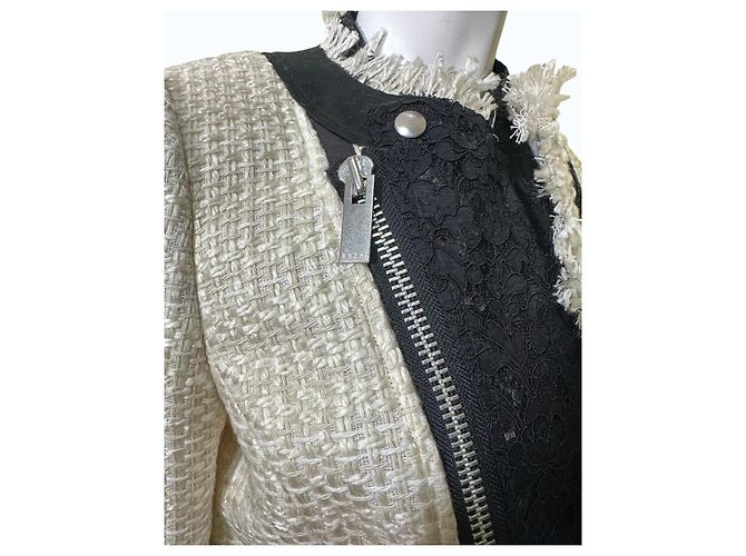 Sacai Tweed-Jacke mit Spitze und Fransen Schwarz Weiß Roh - Ansicht 7