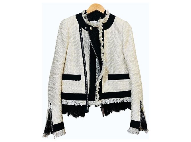 Sacai Tweed-Jacke mit Spitze und Fransen Schwarz Weiß Roh - Ansicht 8