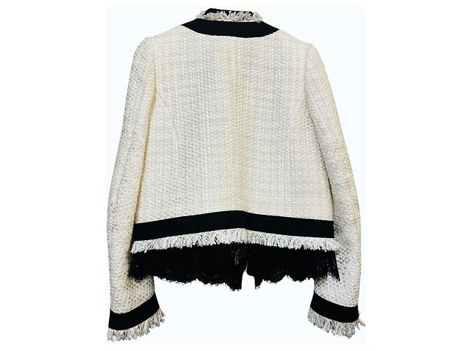 Sacai Tweed-Jacke mit Spitze und Fransen Schwarz Weiß Roh - Ansicht 9