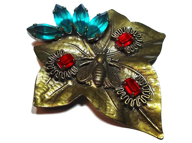 Autre Marque JL Blin Paris Blatt-Brosche mit Biene und Glassteinen Golden - Ansicht 2