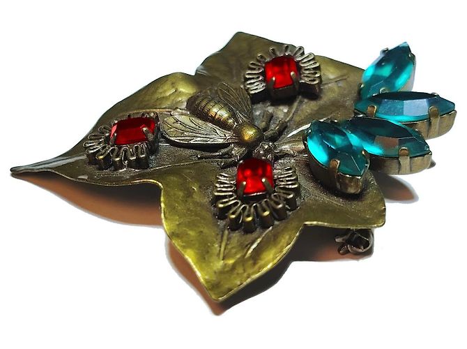 Autre Marque JL Blin Paris Blatt-Brosche mit Biene und Glassteinen Golden - Ansicht 3