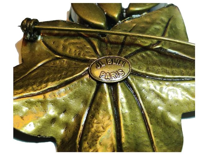 Autre Marque JL Blin Paris Blatt-Brosche mit Biene und Glassteinen Golden - Ansicht 4