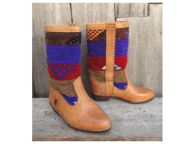 Autre Marque Bottes Sabah Ibiza en cuir et kilim style bohème Marron Multicolore - vue 2