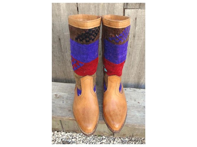 Autre Marque Bottes Sabah Ibiza en cuir et kilim style bohème Marron Multicolore - vue 3