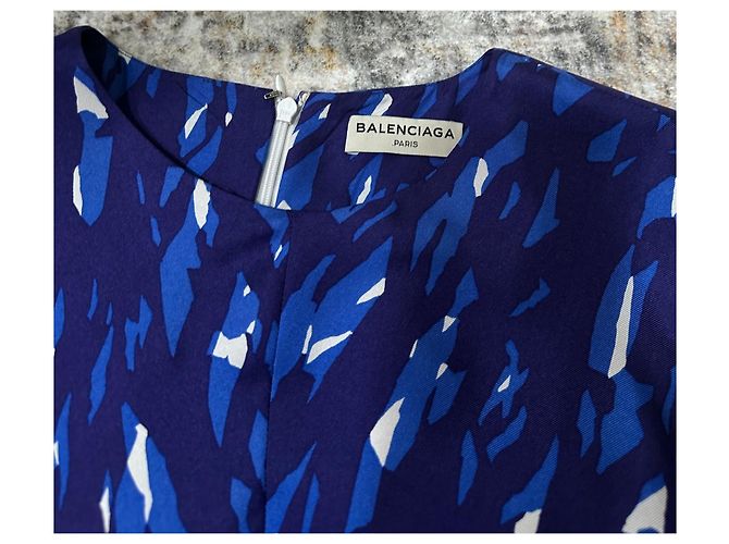 Balenciaga Vestido Midi sin mangas de seda estampado abstracto azul Blanco Azul oscuro - vista 8