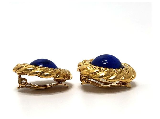 Orecchini clip vintage Chanel Gripoix Blue Cabochon D'oro - vista 2