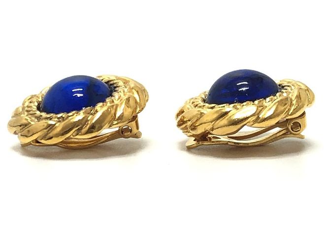 Orecchini clip vintage Chanel Gripoix Blue Cabochon D'oro - vista 3