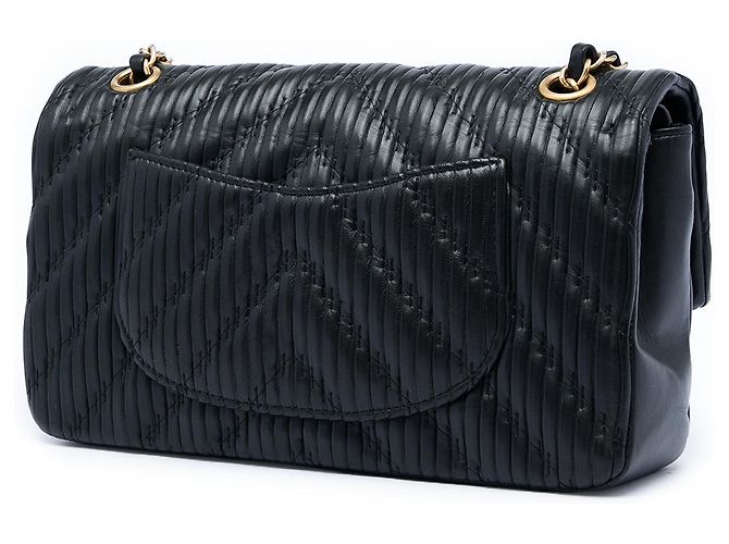 Chanel Black Medium Classic Chevron Calfskin Pleated Double Flap Preto - vista 2
