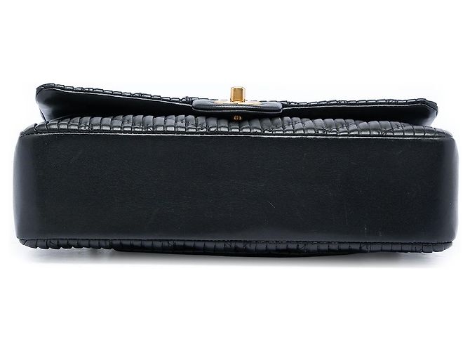 Chanel Black Medium Classic Chevron Calfskin Pleated Double Flap Preto - vista 3
