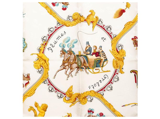 Hermès Hermes Carre 90 Plumes et Grelots Scarf Bianco Blu navy - vista 2