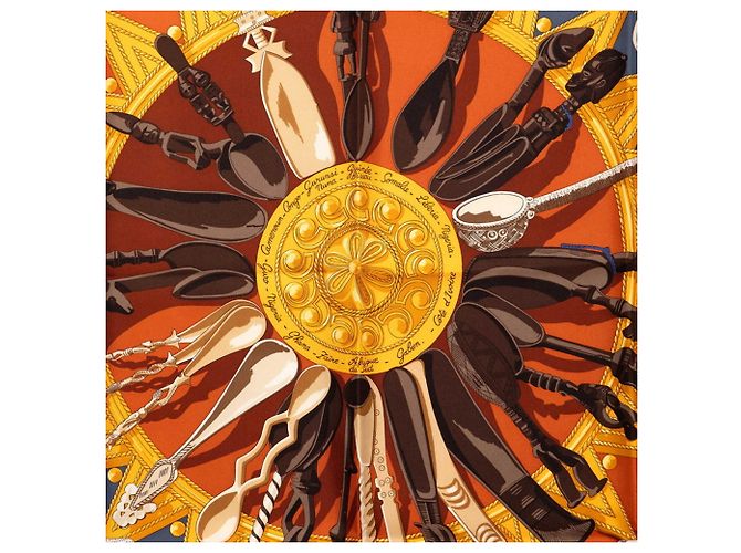 Hermès Hermes Carre 90 Cuillers D'AFRIQUE Sciarpa Marrone Multicolore - vista 2