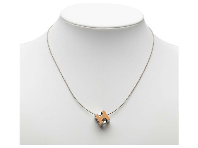 Hermès Collana con pendente Hermes Cage d'H Chain H-Cube Argento Arancione - vista 6