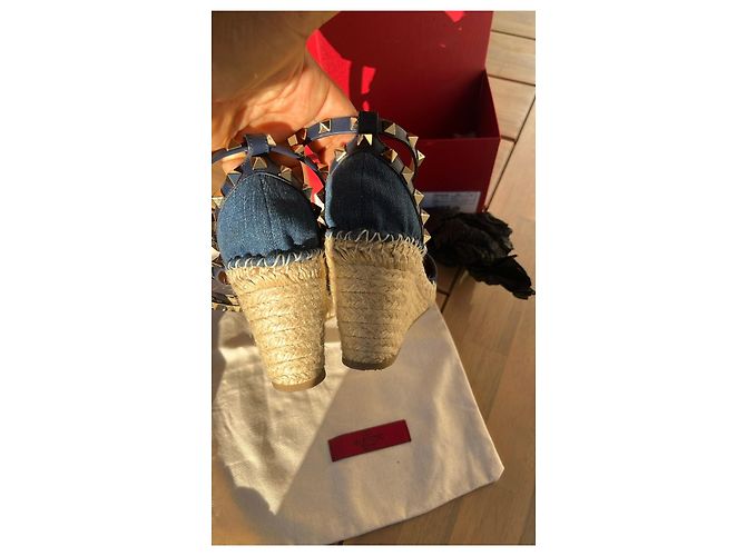Valentino Garavani Rockstud Espadrilles Zeppa Denim Blu Beige - vista 3