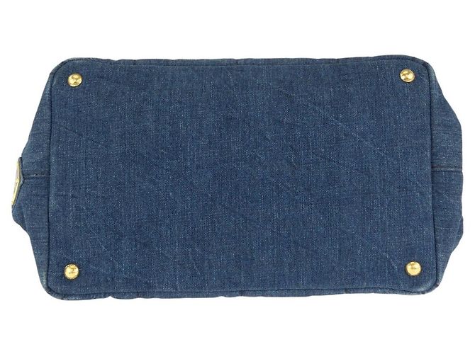 Tote in denim canapa con logo triangolo Prada Blu - vista 10