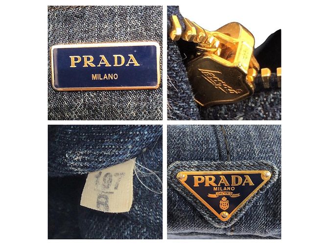 Tote in denim canapa con logo triangolo Prada Blu - vista 4
