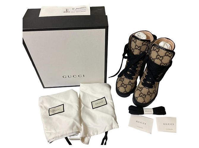Gucci GG Shearling Wollknöchelstiefel Schwarz Mehrfarben Beige - Ansicht 13