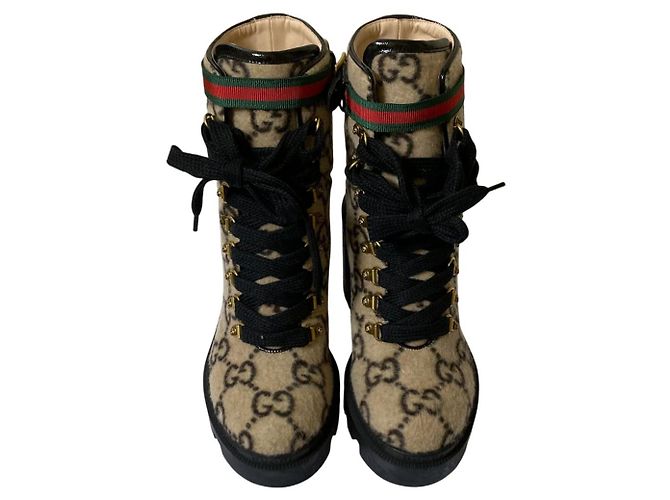 Gucci GG Shearling Wollknöchelstiefel Schwarz Mehrfarben Beige - Ansicht 2