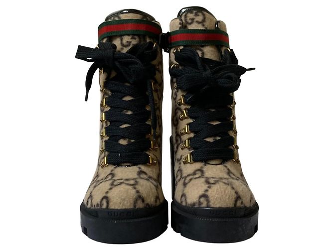 Gucci GG Shearling Wollknöchelstiefel Schwarz Mehrfarben Beige - Ansicht 3