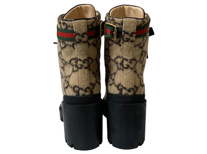 Gucci GG Shearling Wollknöchelstiefel Schwarz Mehrfarben Beige - Ansicht 4