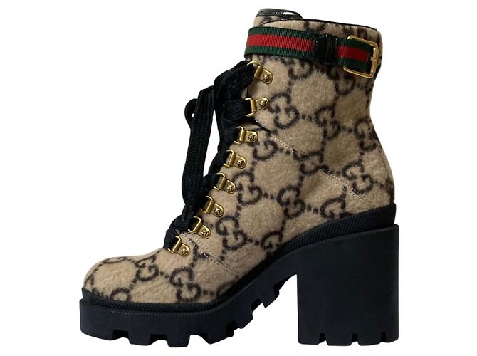Gucci GG Shearling Wollknöchelstiefel Schwarz Mehrfarben Beige - Ansicht 5