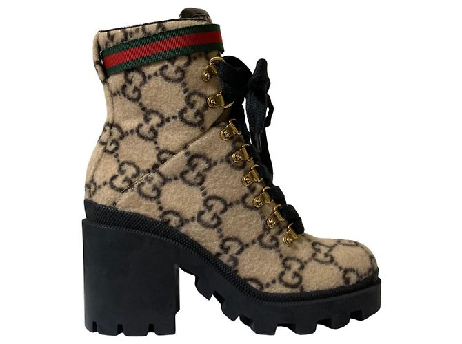 Gucci GG Shearling Wollknöchelstiefel Schwarz Mehrfarben Beige - Ansicht 6