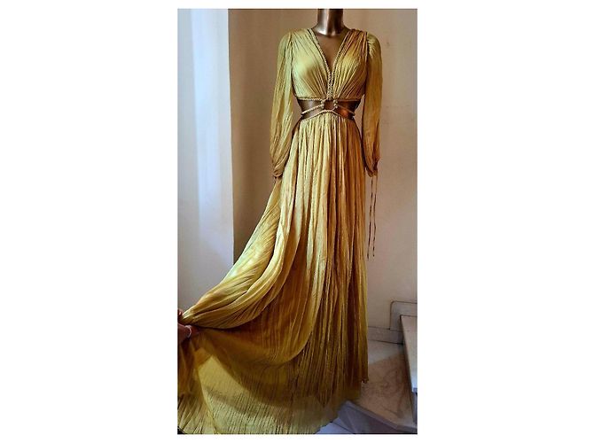 Autre Marque Langes Plissee-Kleid in Gold mit geflochtenem Gürtel Golden - Ansicht 10