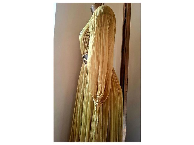 Autre Marque Langes Plissee-Kleid in Gold mit geflochtenem Gürtel Golden - Ansicht 20