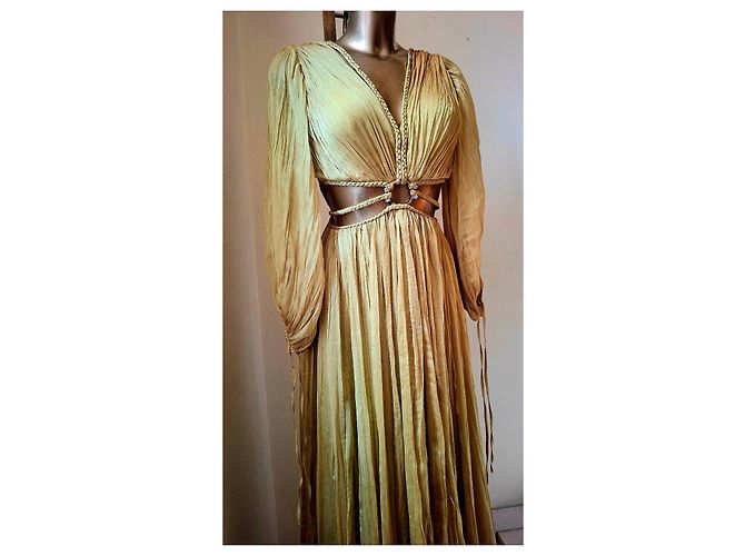 Autre Marque Langes Plissee-Kleid in Gold mit geflochtenem Gürtel Golden - Ansicht 5