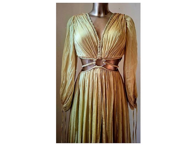 Autre Marque Langes Plissee-Kleid in Gold mit geflochtenem Gürtel Golden - Ansicht 7