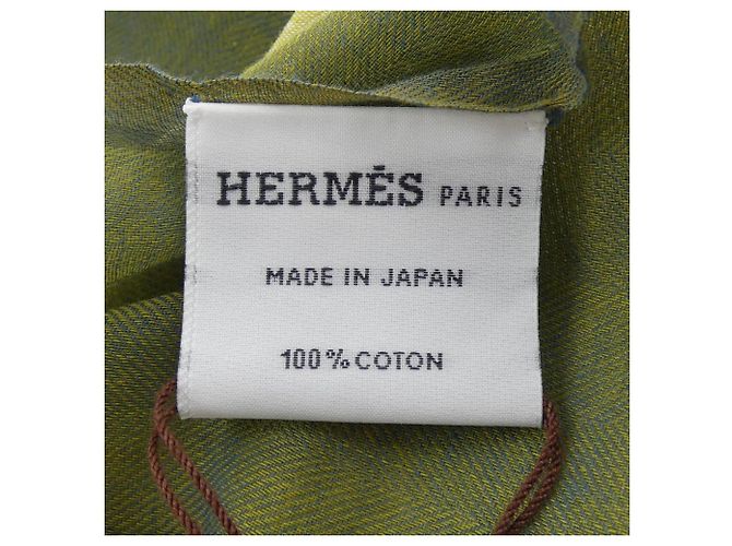 Hermès Stola in cotone Hermes in verde, blu navy, bianco e giallo - vista 3