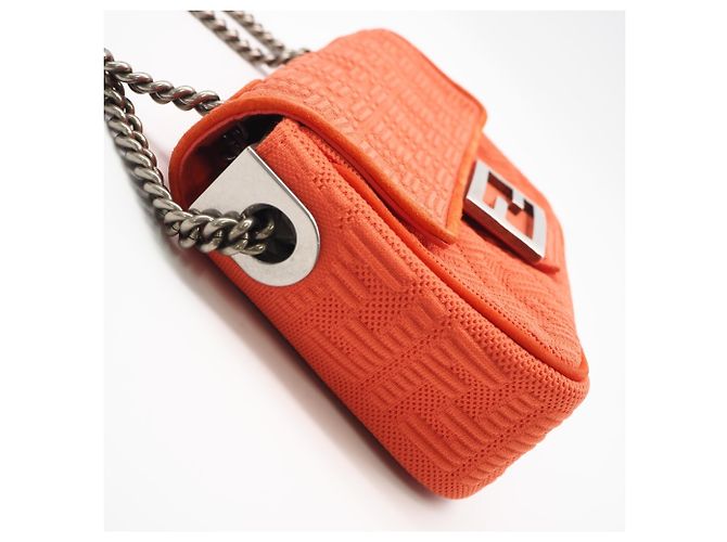 Sac Baguette Fendi en toile et cuir avec chaîne midi et double bandoulière Orange - vue 12