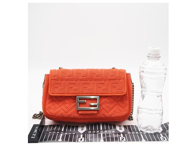 Sac Baguette Fendi en toile et cuir avec chaîne midi et double bandoulière Orange - vue 3