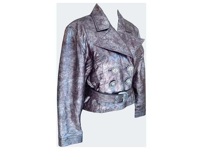 Versus Versace Leder Bikerjacke Metallic Silber Taupe IT 42 Braun Golden Bronze - Ansicht 2