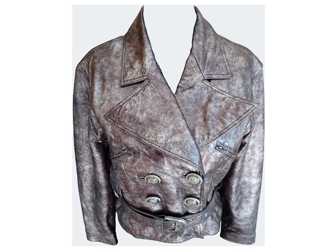 Versus Versace Leder Bikerjacke Metallic Silber Taupe IT 42 Braun Golden Bronze - Ansicht 5