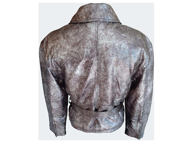 Versus Versace Leder Bikerjacke Metallic Silber Taupe IT 42 Braun Golden Bronze - Ansicht 6
