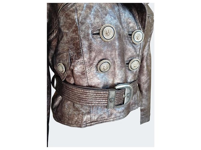 Versus Versace Leder Bikerjacke Metallic Silber Taupe IT 42 Braun Golden Bronze - Ansicht 7