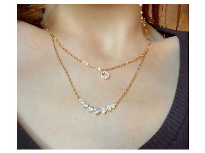 Autre Marque Collana a due strati dorata con pendenti a cerchio e barra in zircone D'oro - vista 6