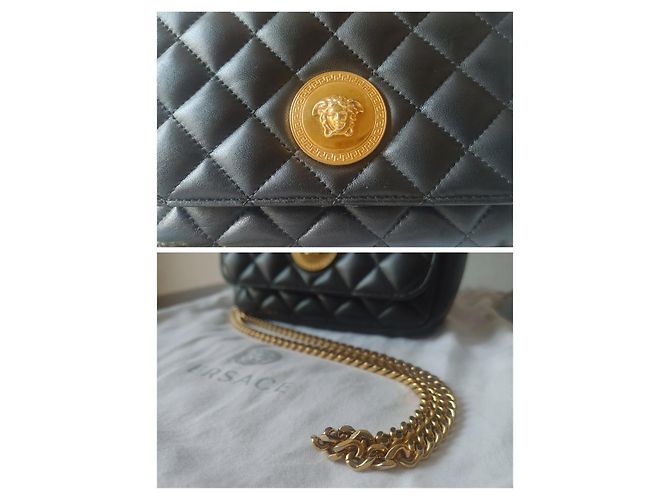 Versace Bolsa La Medusa em pele de cordeiro acolchoada preta Preto Dourado - vista 8