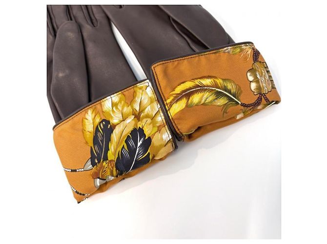 Hermès Luvas curtas de seda e couro marrom Hermes - vista 5