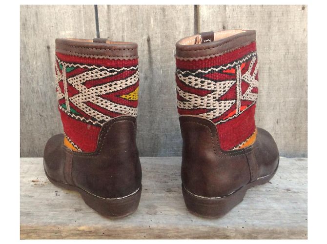 Autre Marque Botines de cuero marrón con tejido Kilim Castaño Roja Multicolor - vista 4