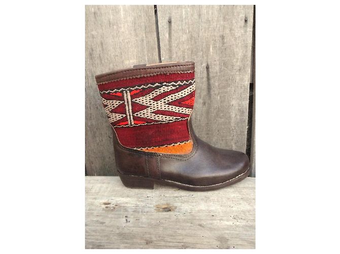 Autre Marque Botines de cuero marrón con tejido Kilim Castaño Roja Multicolor - vista 7
