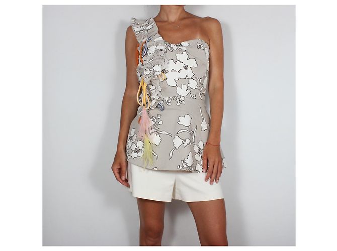 Autre Marque The Coat One-Shoulder-Top mit Blumenprint und Federn Weiß Mehrfarben Grau - Ansicht 2